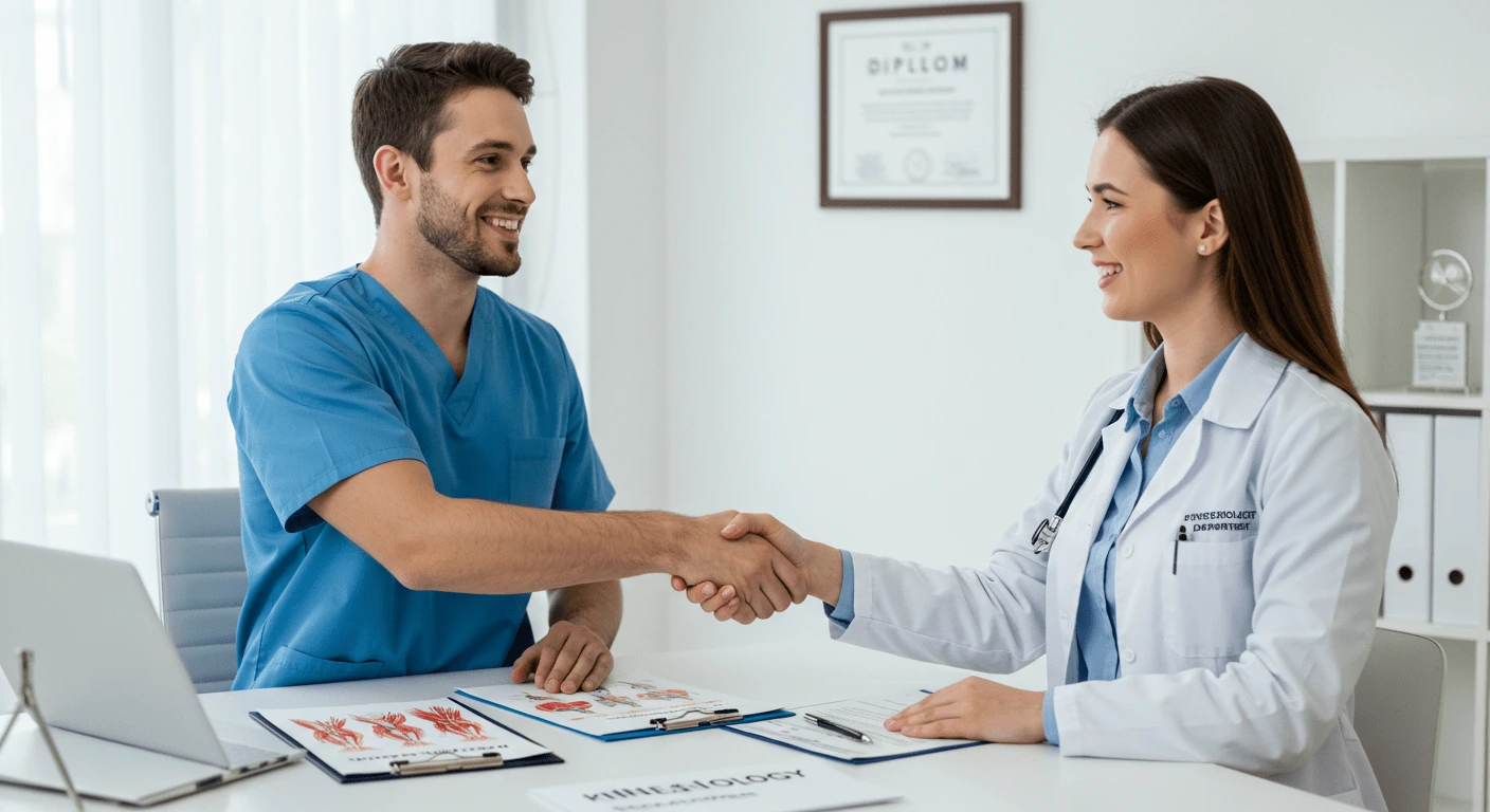 Esta imagen muestra a un reclutador entrevistando a un candidato para el cargo de kinesiólogo.