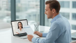 Esta imagen muestra a un reclutador entrevistando a un candidato para el cargo de asistente virtual